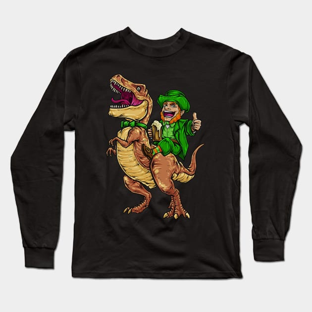 Leprechaun Riding Dinasour T Rex St Patrick Day Men Long Sleeve T-Shirt by webster